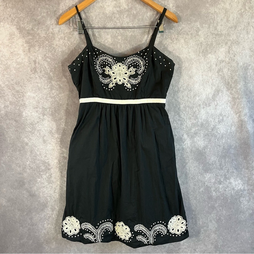Moulinette Soeurs Cotton Sun Dress Women 6 Black Eyelet Embroidered Pockets